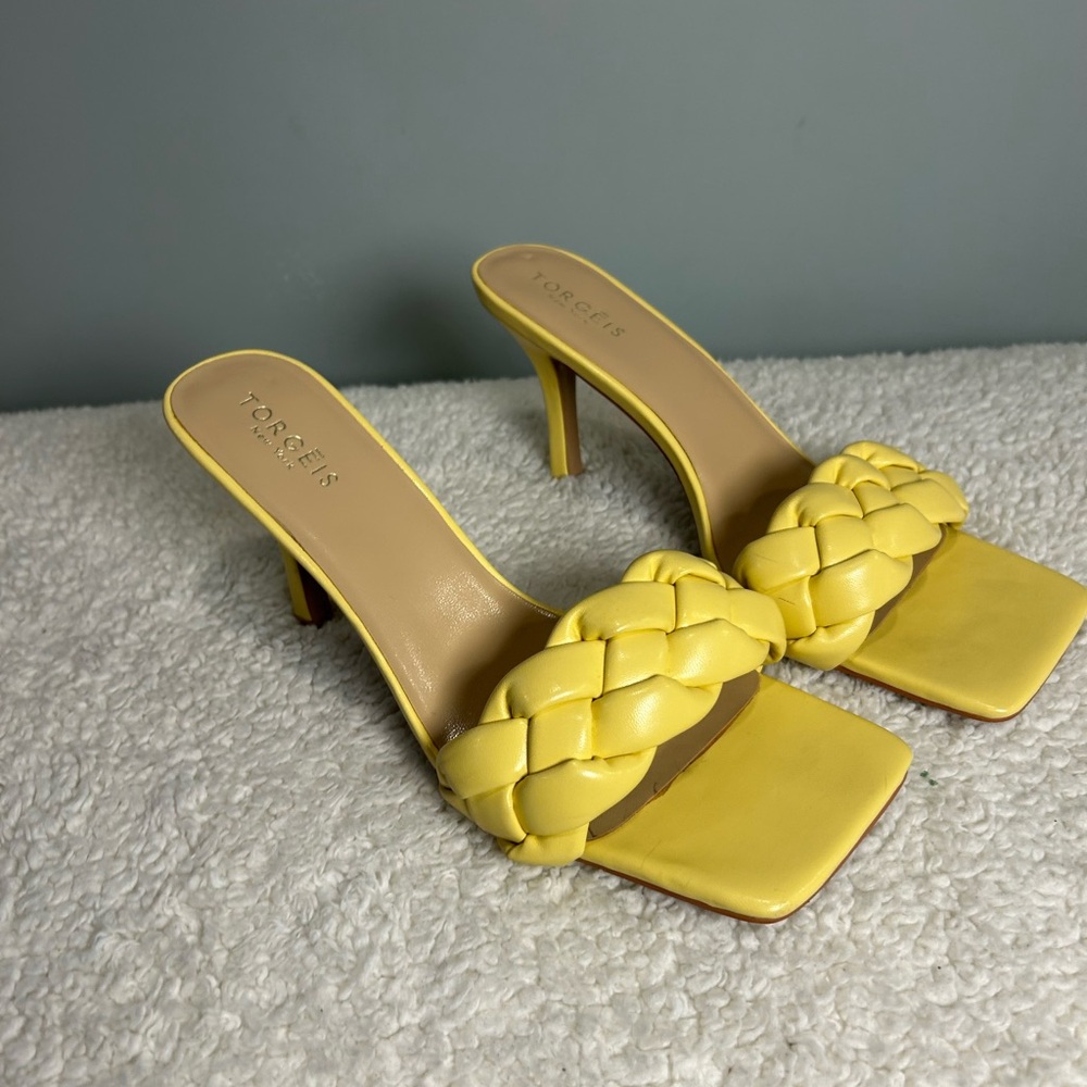TORGEIS Maraca Open Toe Heels Yellow Braided Size 10 - Picture 14 of 15